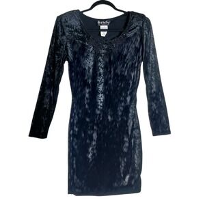 Vintage All That Jazz Black Crushed Velvet Beaded Mini Dress Long Sleeve Large